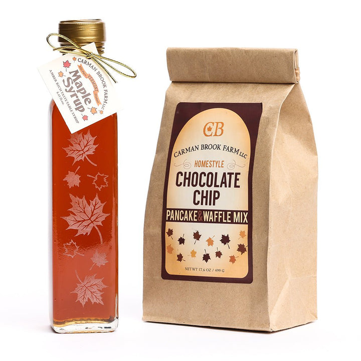 Autumn leaf bottle filled with amber rich taste maple syrup with your choice of chocolate chip pancake and waffle mix.