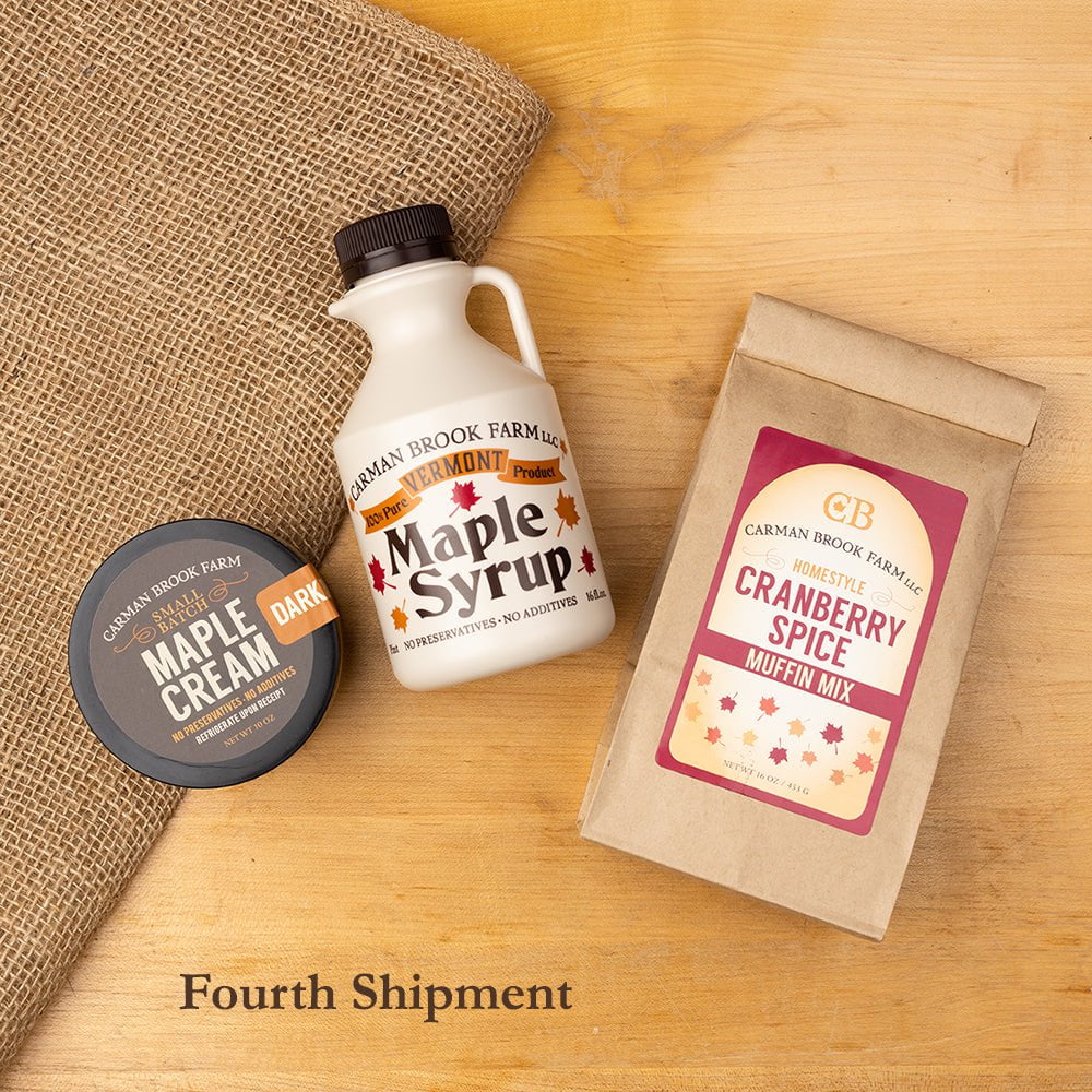 The fourth and final shipment in this gift club includes a pint of dark robust taste maple syrup, maple  cream and cranberry spice muffin mix.