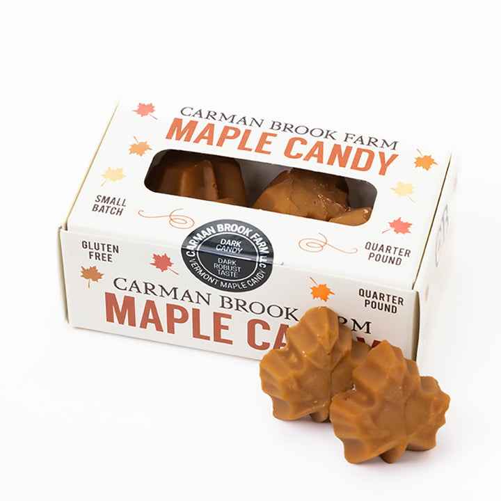 Dark robust maple candy in a quarter-pound box.