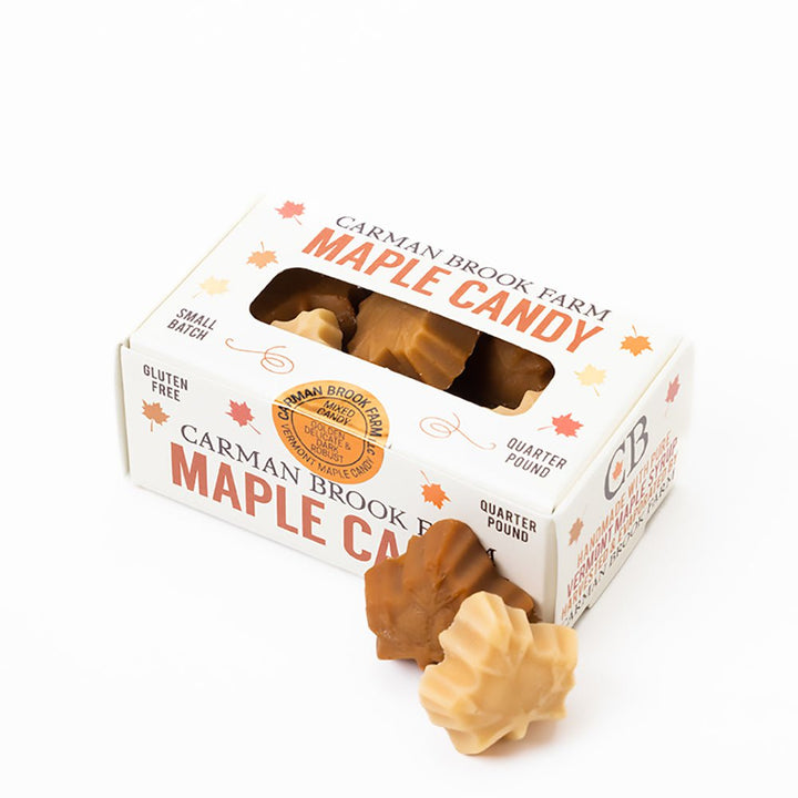 A mixed quarter-pound box of maple candy.