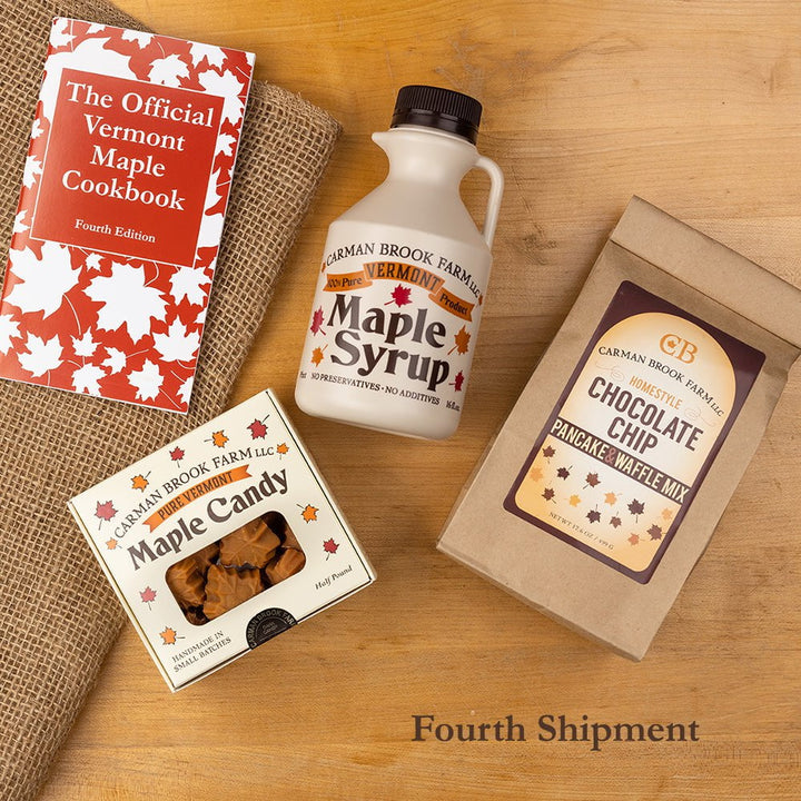 Use the Official Vermont Maple Cookbook to find a recipe and use the very dark strong taste maple syrup or drizzle a little on the chocolate chip pancakes. A box of dark maple candy round out the final shipment.