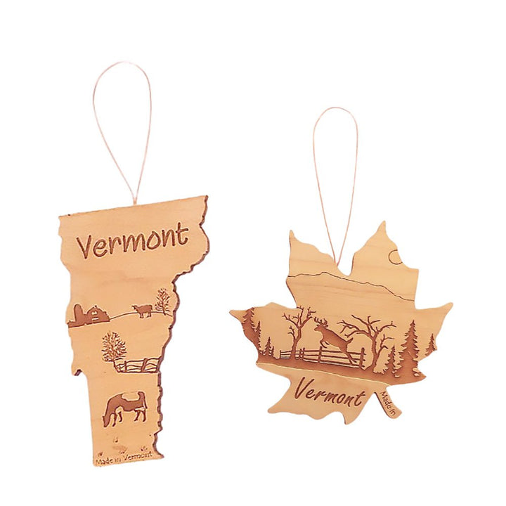 Pick an ornament from the Vermont farm scene or maple leaf deer scene.