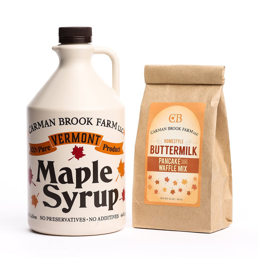 Half gallon of maple syrup with buttermilk pancake and waffle mix.