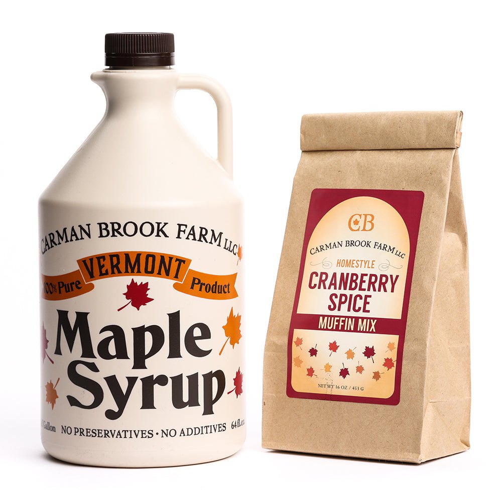 Half gallon of maple syrup with cranberry spice muffin mix.