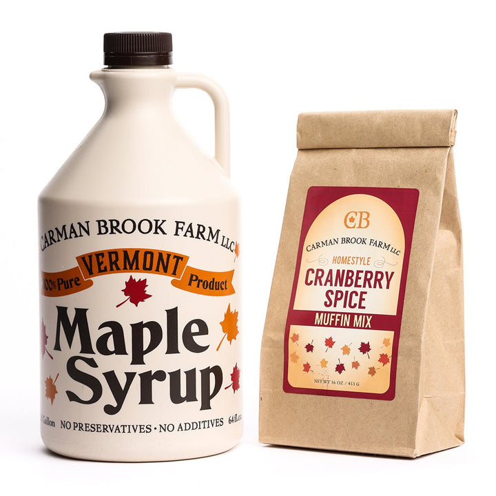 Half gallon of maple syrup with cranberry spice muffin mix.