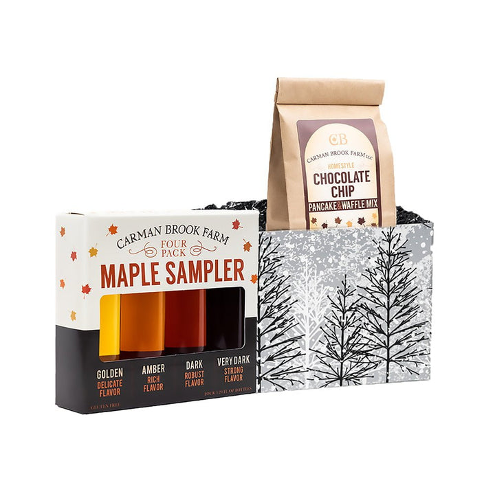 4 pack maple sampler with a chocolate pancake mix in a Christmas gift box.