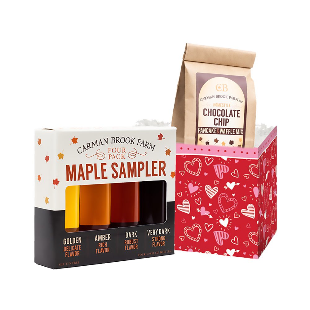 Valentine's Day gift box with a 4 pack maple syrup sampler and a pancake mix.