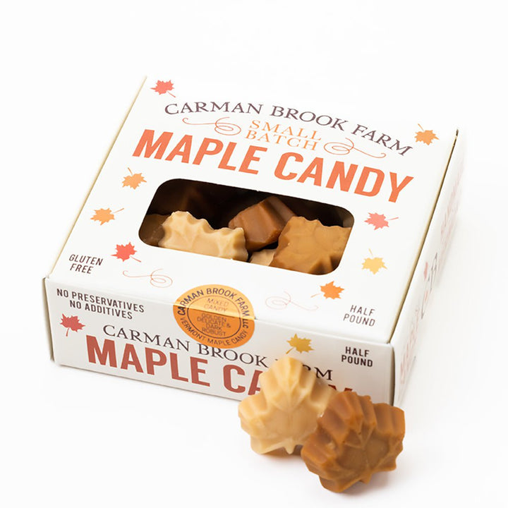 A half-pound box of light and dark maple candy.