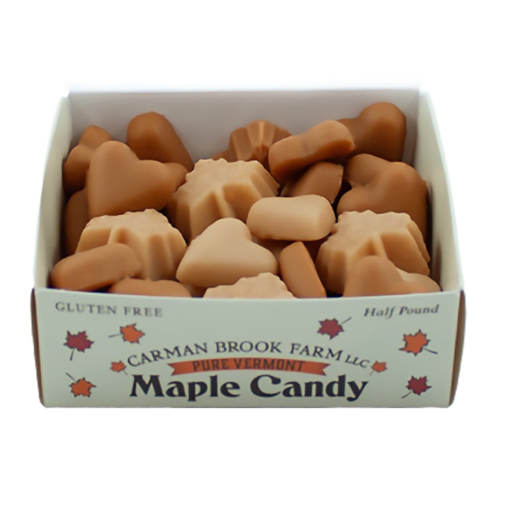 Dark robust and golden delicate half pound box of maple candy in Valentine heart shapes.