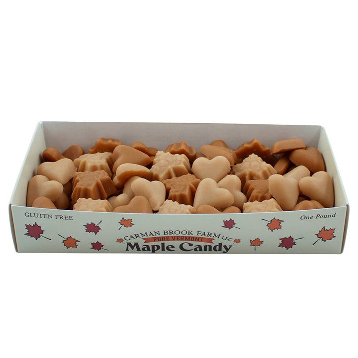 Maple candy is in dark and light flavors of maple syrup in Valentine hearts.