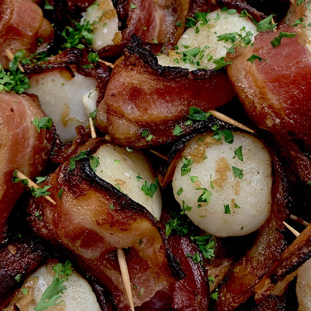 Maple glazed scallops wrapped in bacon